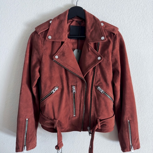 AllSaintsSuede Balfern Biker Jacket in Deep Cherry